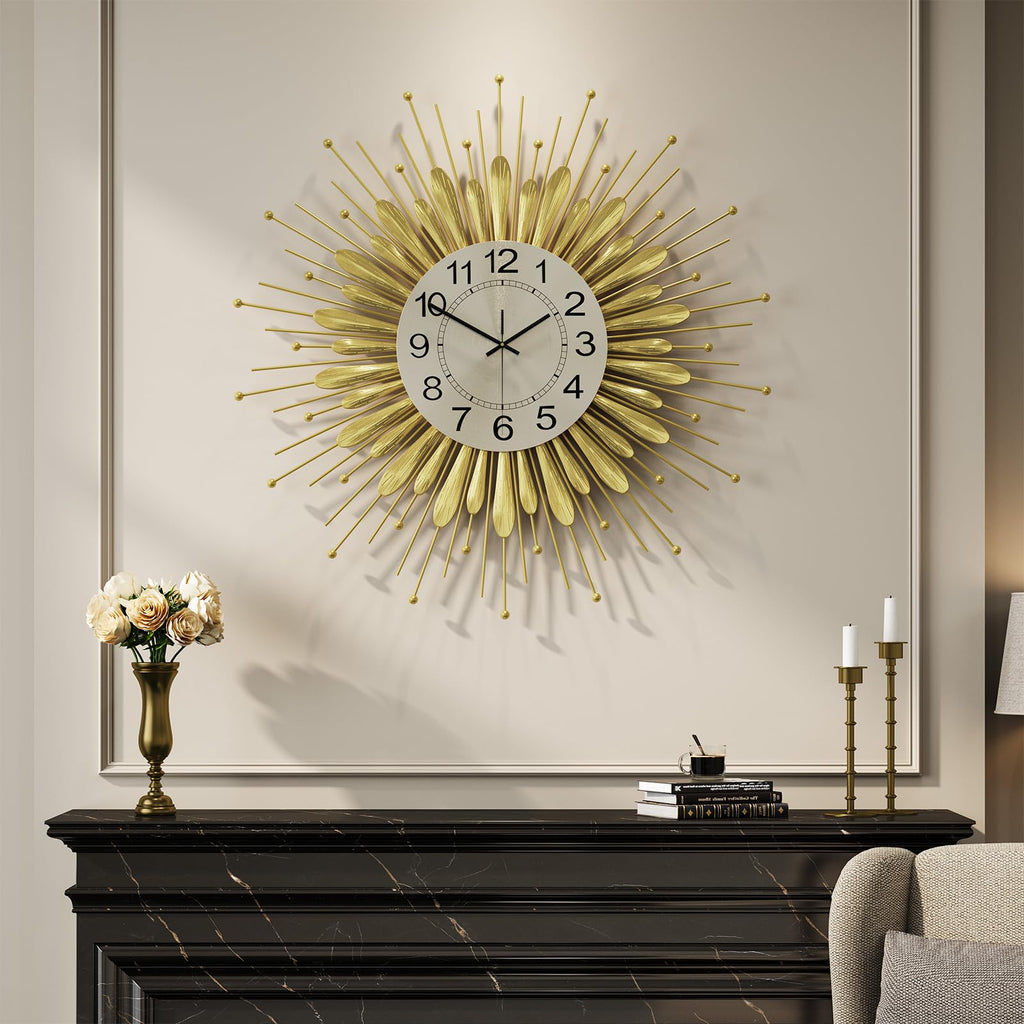 24 Inch Gold Wall Clock Mid Century Sunburst Metal Decorative Clock