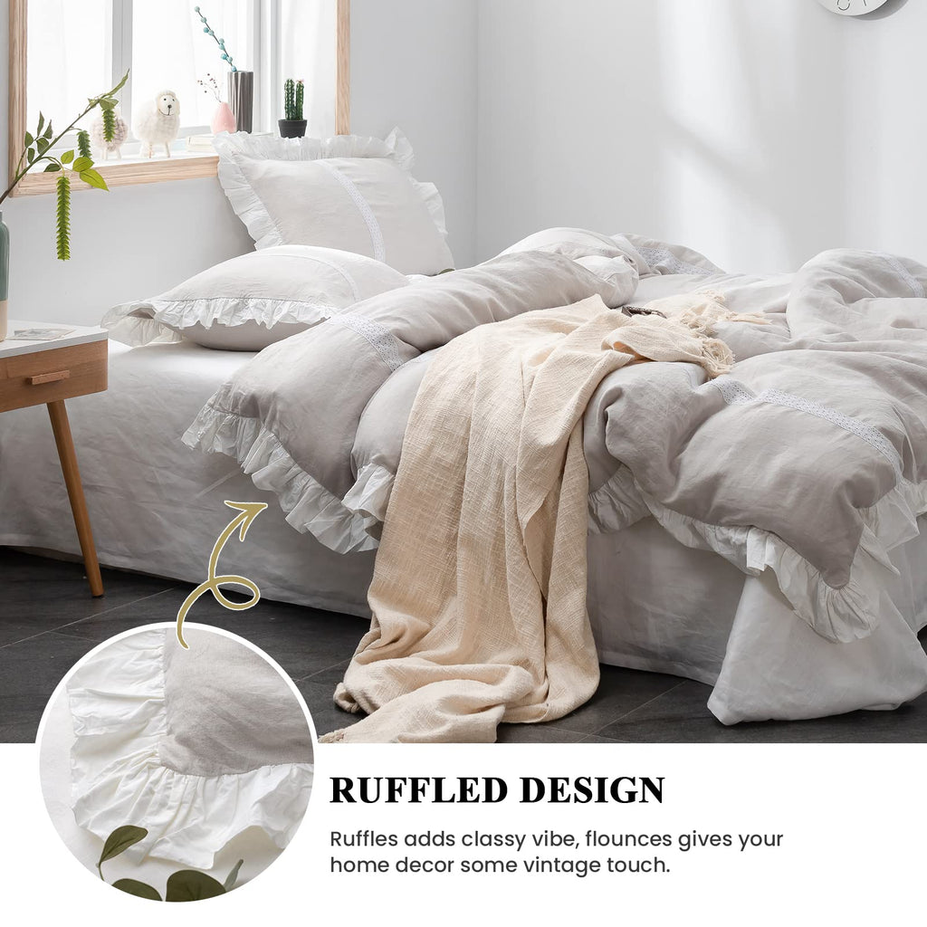 100% Linen Duvet Cover Set (68''x86'') Frill Floral Flax, Shabby Chic Ruffle Edge Lace Insert Decoration, 2