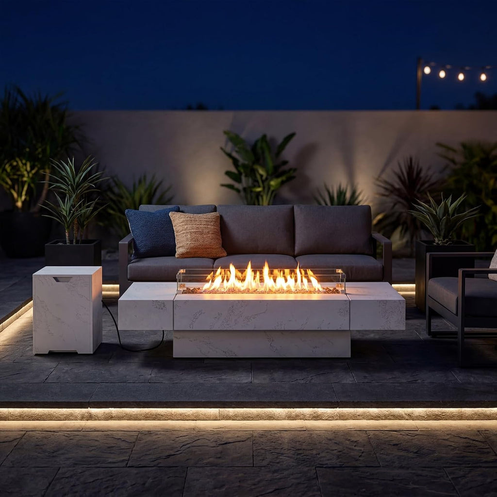 71.5-inch Outdoor Fire Pit Table, 60000 BTU Heat, Zinc-Aluminum, Propane Tank Cabinet, Wind Guard, Distressed Wood