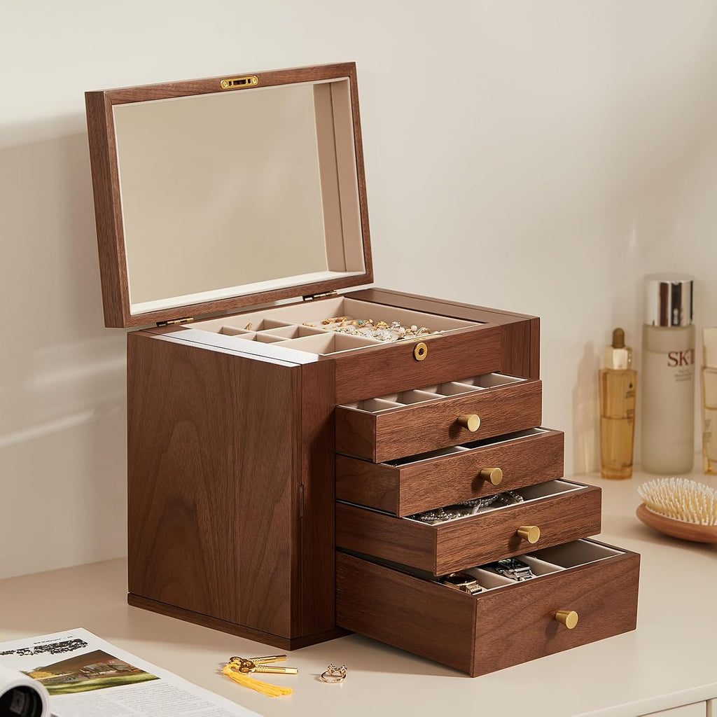 Black Walnut Wooden Jewelry Box for Women with Lock, Mirror, 5 Layer