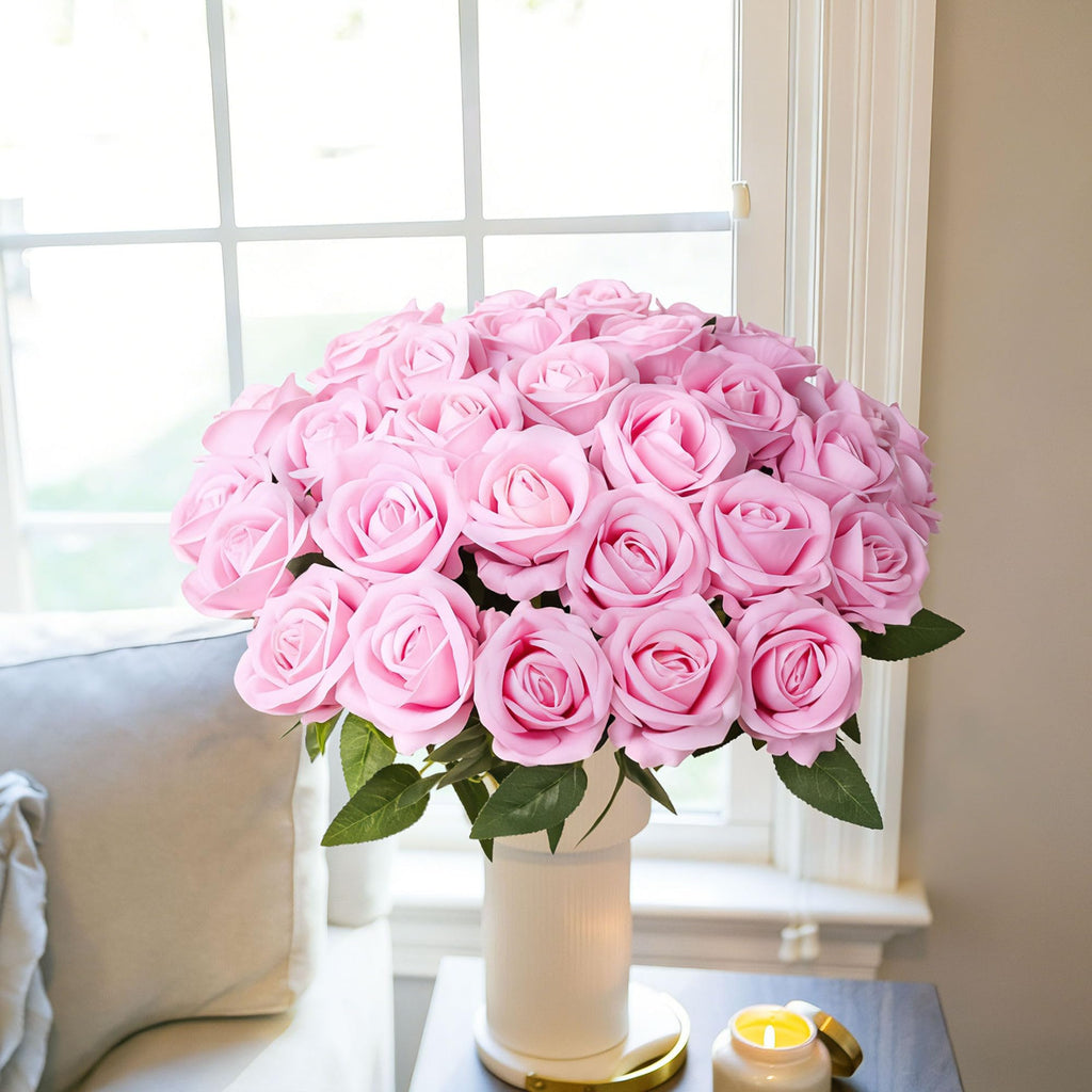 50 PCS Pink Roses Artificial Flowers with Long Stems