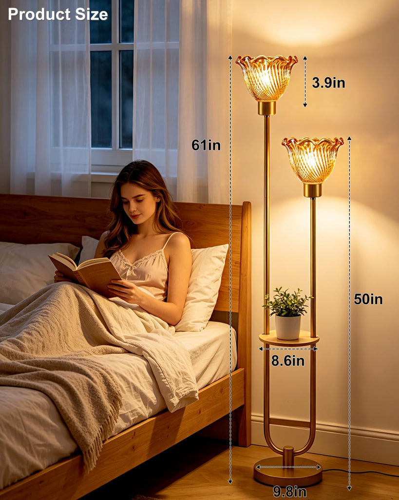 Amber Glass Floor Lamp with Table 2-Lights Modern Gold Tall Lamps