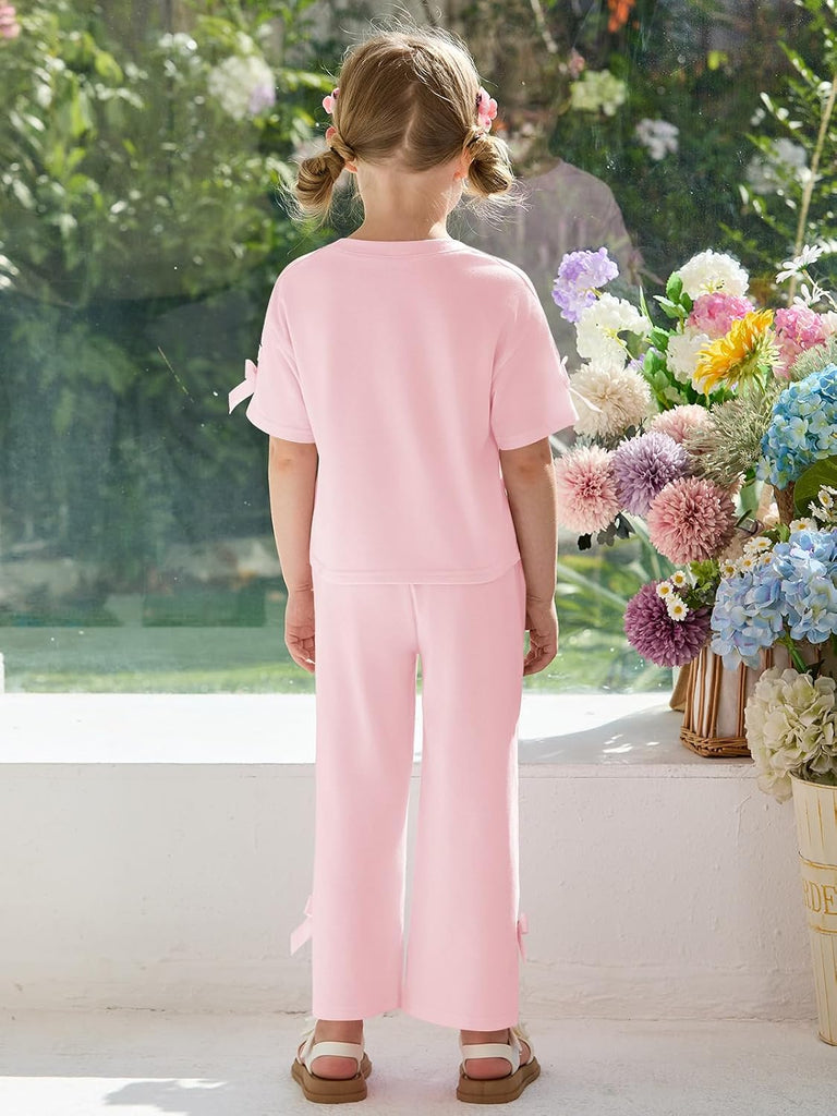 Toddler Baby Girls Summer Clothes 2 Piece Outfits Cute Bow Short Sleeve T Shirts Pants Set with Pockets