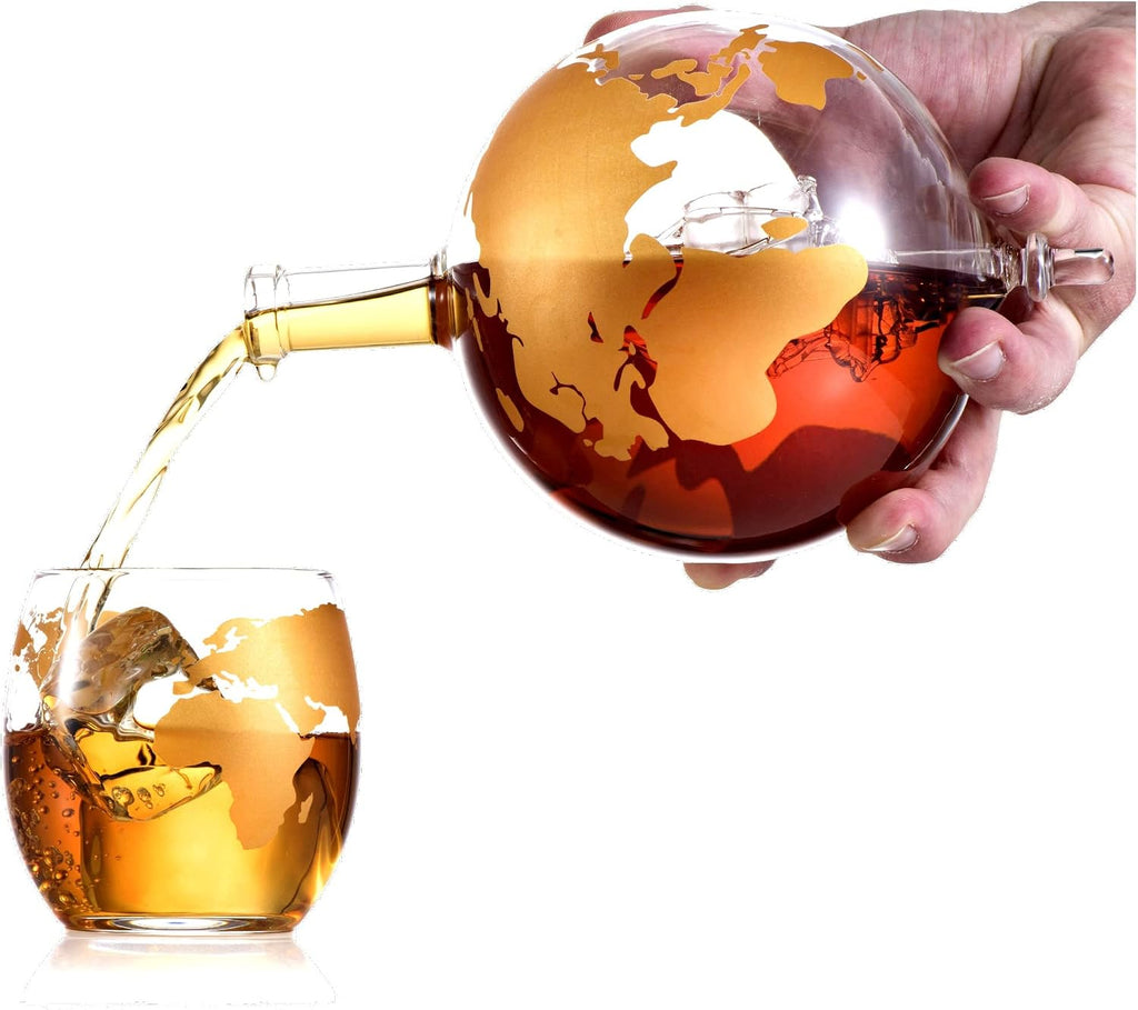 Whiskey Decanter Globe Gift Set - Rich Base Tray - Gold Whiskey Dispenser Airtight Stopper for Wine, Bourbon, Brandy