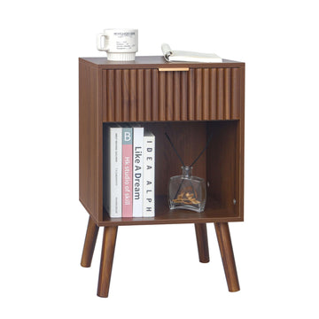 Walnut Nightstand, Fluted Bedside Table with Drawer and Open Shelf
