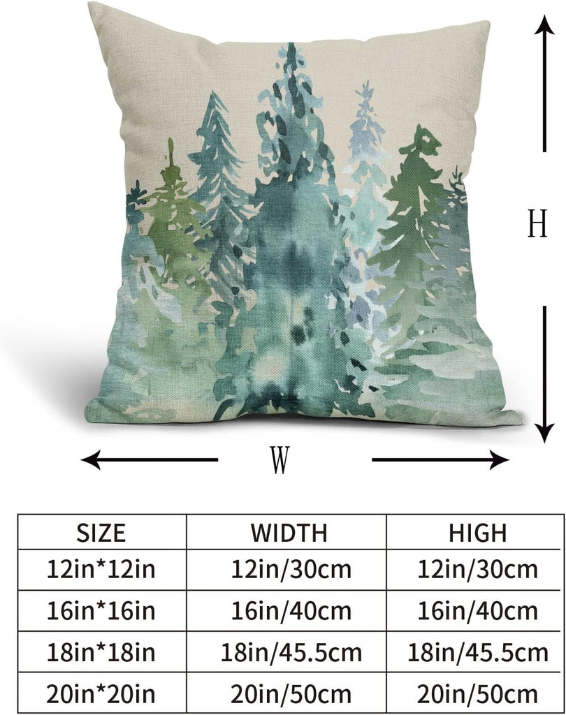 Winter Christmas Tree Pillow Covers 18x18 Blue Green Nature Forest Rustic Watercolor Style Print Decorative - Set of 2