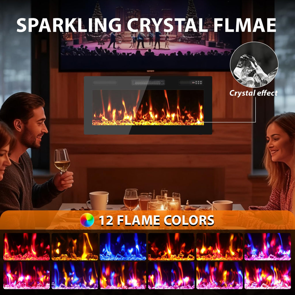 40" Electric Fireplace Recessed Wall Mounted, Ultra Thin Linear Fireplace Inserts, 12 Flame Colors, Timer, Remote &