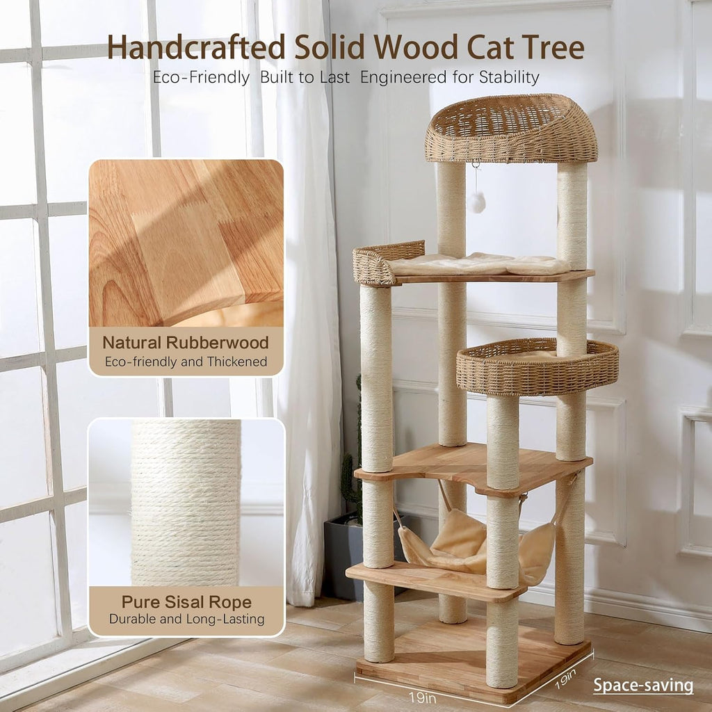 Wooden Cat Tree for Indoor Cats, 62 in Tall Cat Tower
