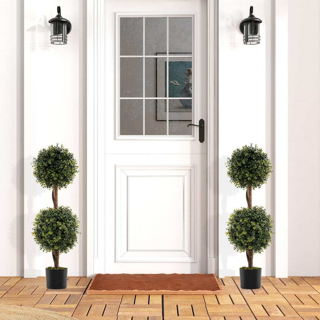3 FT Artificial Boxwood Topiary Trees, Set of 2 Faux Outdoor Topiary Ball Tree with Cement-Filled Pot, Fake Greenery