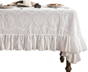 Vintage Ruffle Tablecloth for Rectangle Tables,Farmhouse Embroidered Cotton White Lace Table Cloth C