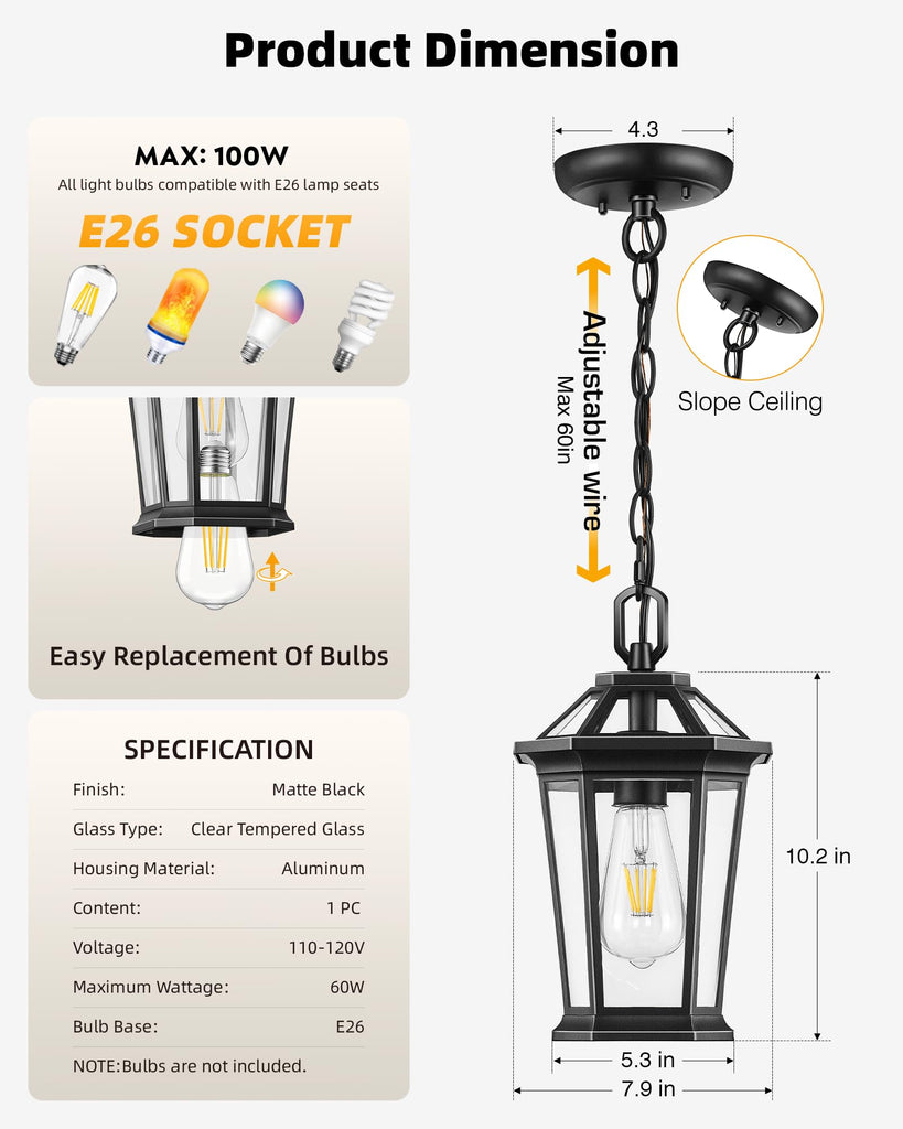 Outdoor Pendant Lights, Black Modern Hanging Outside Lantern