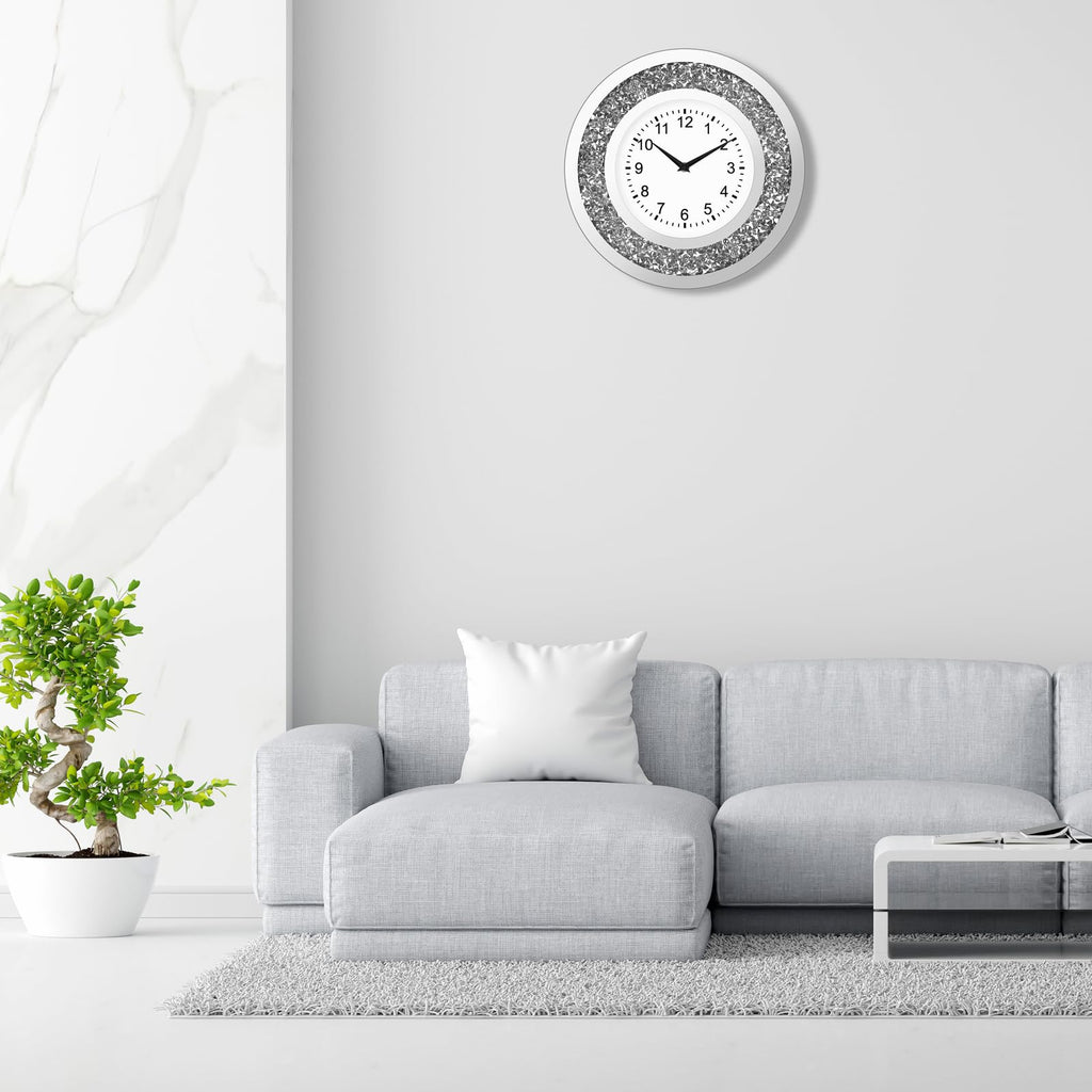 14 Inch Crystal Crushed Diamond Mirrored Wall Clock - Sparkle Twinkle Bling Wall Clock Silver Round Clock Decor
