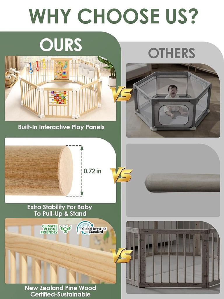 Foldable Baby Gate Playpen, Wooden Play Yard for Babies and Toddlers | Child-Safe Lock, Pre-Assembled for Quick