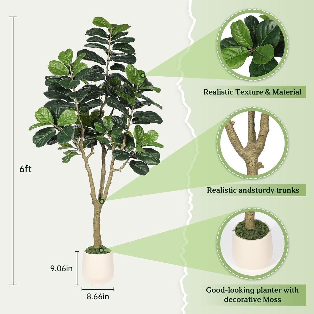 Artificial Fiddle Leaf Fig Tree 6ft for Faux Plants Indoor Home Green Decor