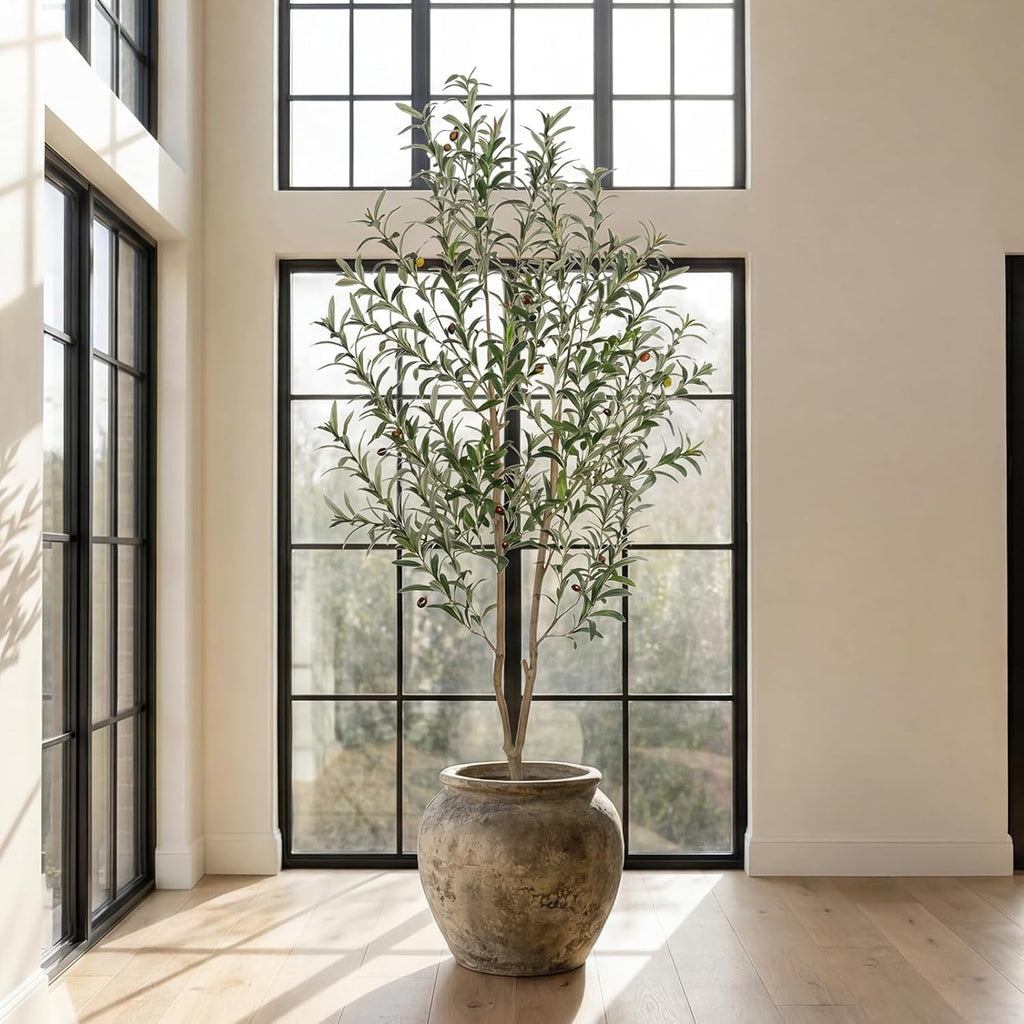 6FT Artificial Olive Tree Tall Indoor Faux Olive Trees with Natural Wood Trunk and Lifelike Fruits Black Pot