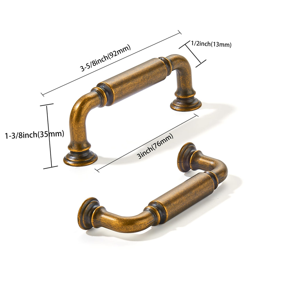2-Pack Antique Brass Heavy-Duty Solid Cabinet Pulls, 3 Inch (76mm) Hole Center, Vintage Brass Drawer Pulls, Cabinet