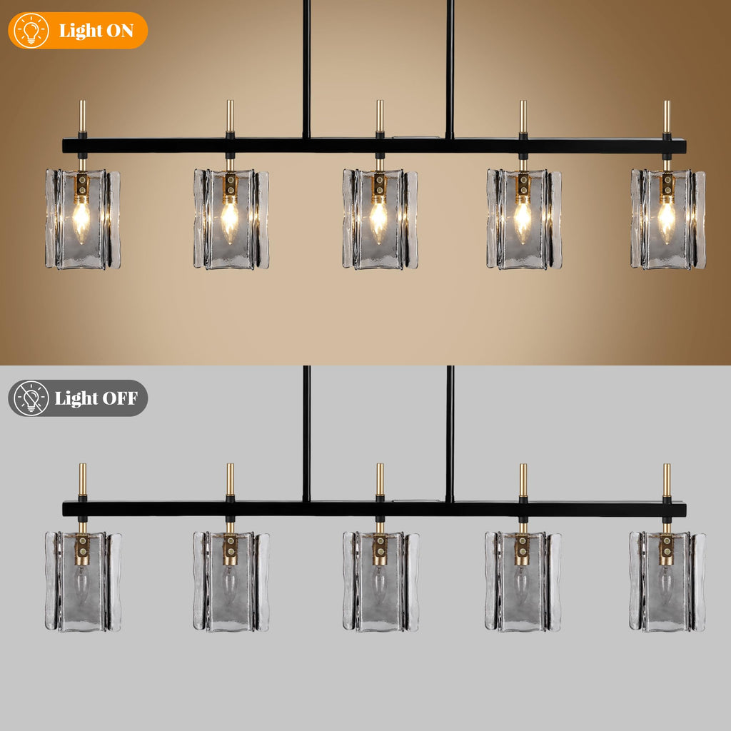 Rectangular Dining Room Light Fixture, 42" L Black and Gold Glass Linear Chandeliers Over Table, Farmhouse