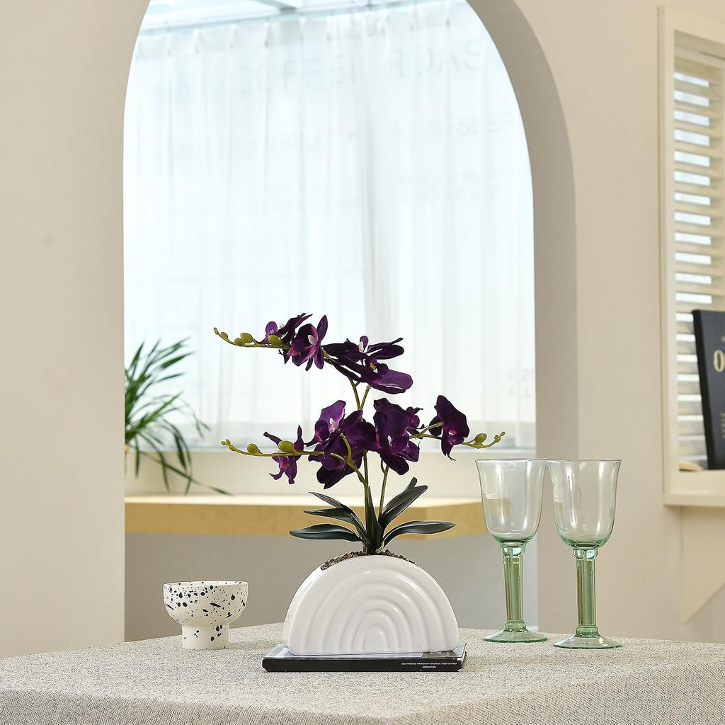Dark Purple Silk Orchid Plant in White Rainbow Pot for Table Décor