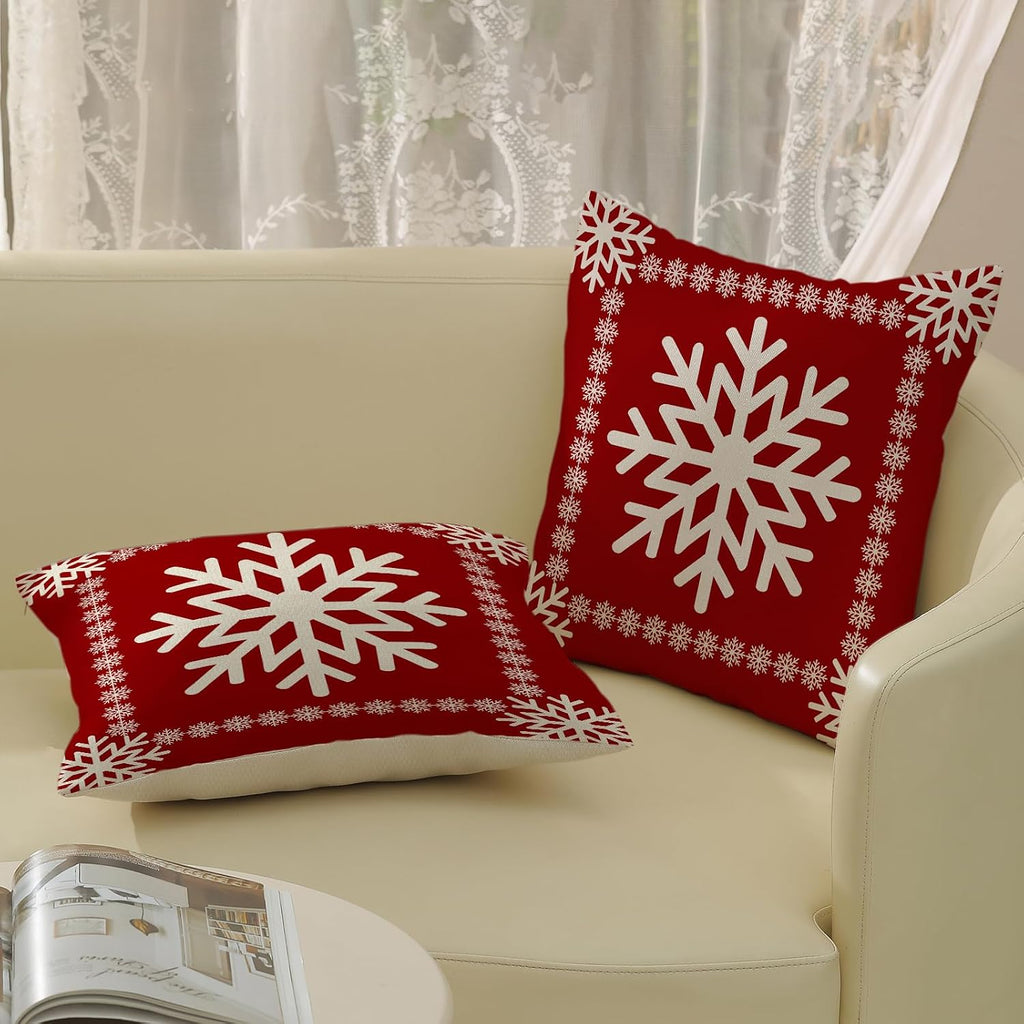 Christmas Pillow Covers - 20x20 Winter Snowflake Pillowcases - Red Throw Pillows - Farmhouse Holiday Linen - Set of 2