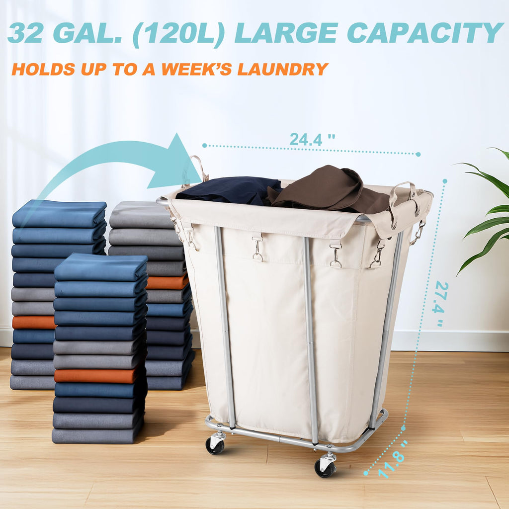 120L Rolling Laundry Hamper, Beige