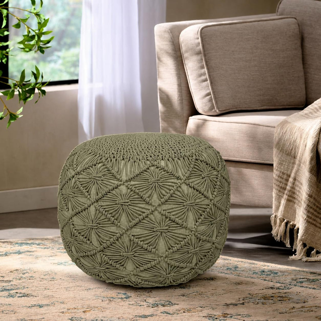 Macrame Pouf Ottoman 20x20x14 Green Handwoven Dori Footrest Stool
