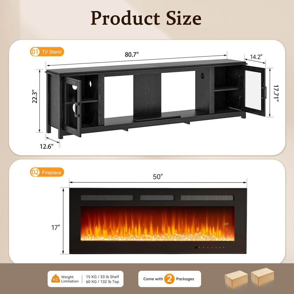 80" Fireplace TV Stand, Modern Entertainment Center with 50" Electric Fireplace for TVs Up to 90", TV Console, All
