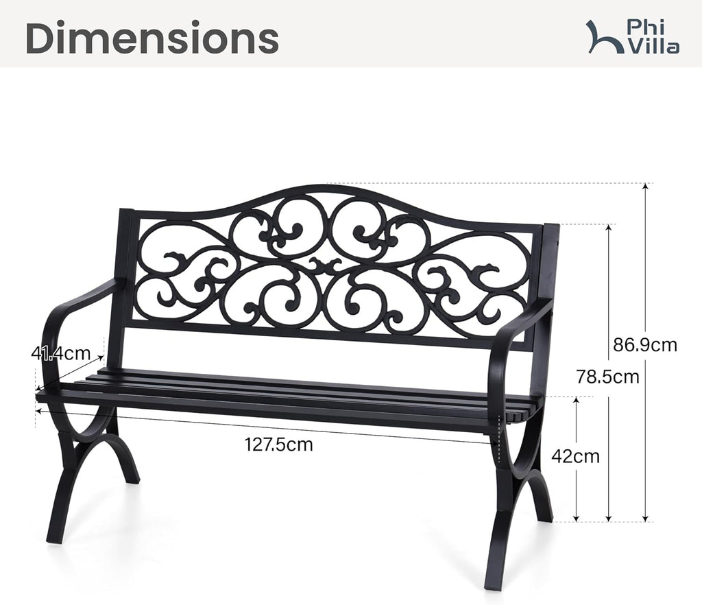 50 Inches Cast Iron Steel Frame Outdoor Garden Bench, Black | E-coating Floral Design Backrest, Slatted Seat