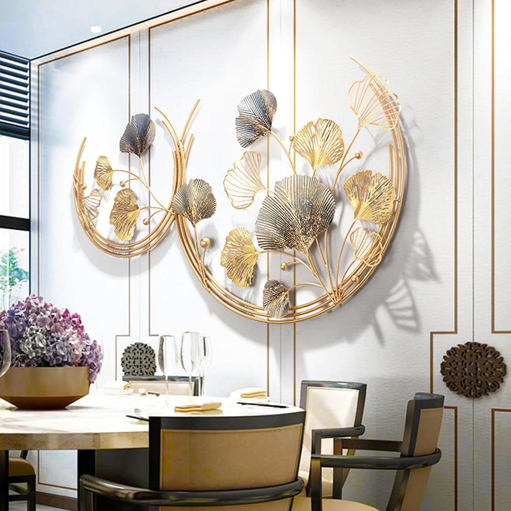 3D Room Wall Decor, Handmade Art Metal Round Golden Ginkgo Leaf Decorative Wall Sculpture Living Room And Bedroom, 2 - Set of 2