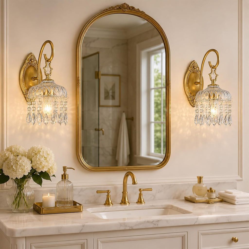 Crystal Wall Sconces Set of 2, Gold Hardwired Wall Sconce with Faceted Glass Shade and Crystal Drops, Vintage