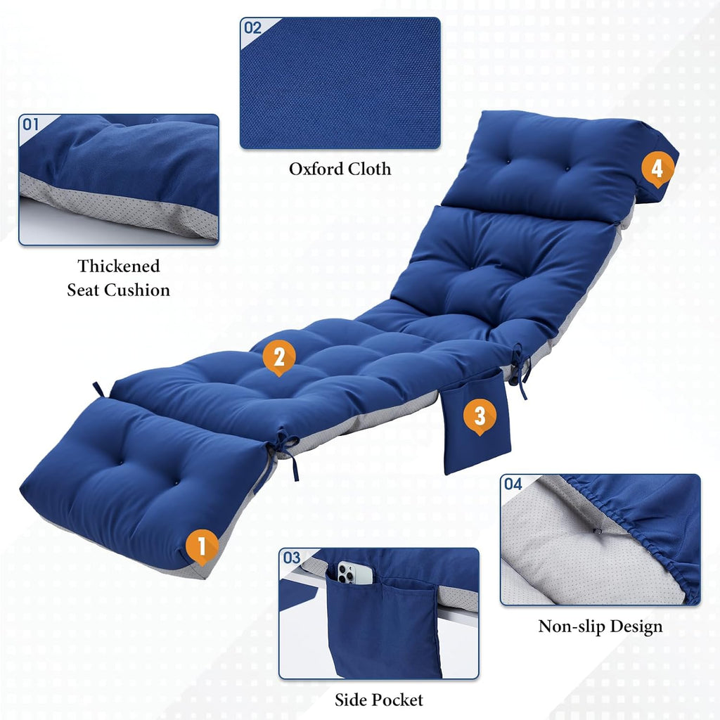 Outdoor Chaise Lounge Chair Cushion, 76"x22"x4.7", Dark Blue | Waterproof Memory Foam Thickened Pool Lounge Chair