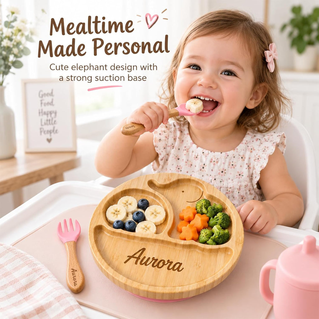 Personalized Bamboo Baby Plate with Name, Elephant Suction Toddler Plate