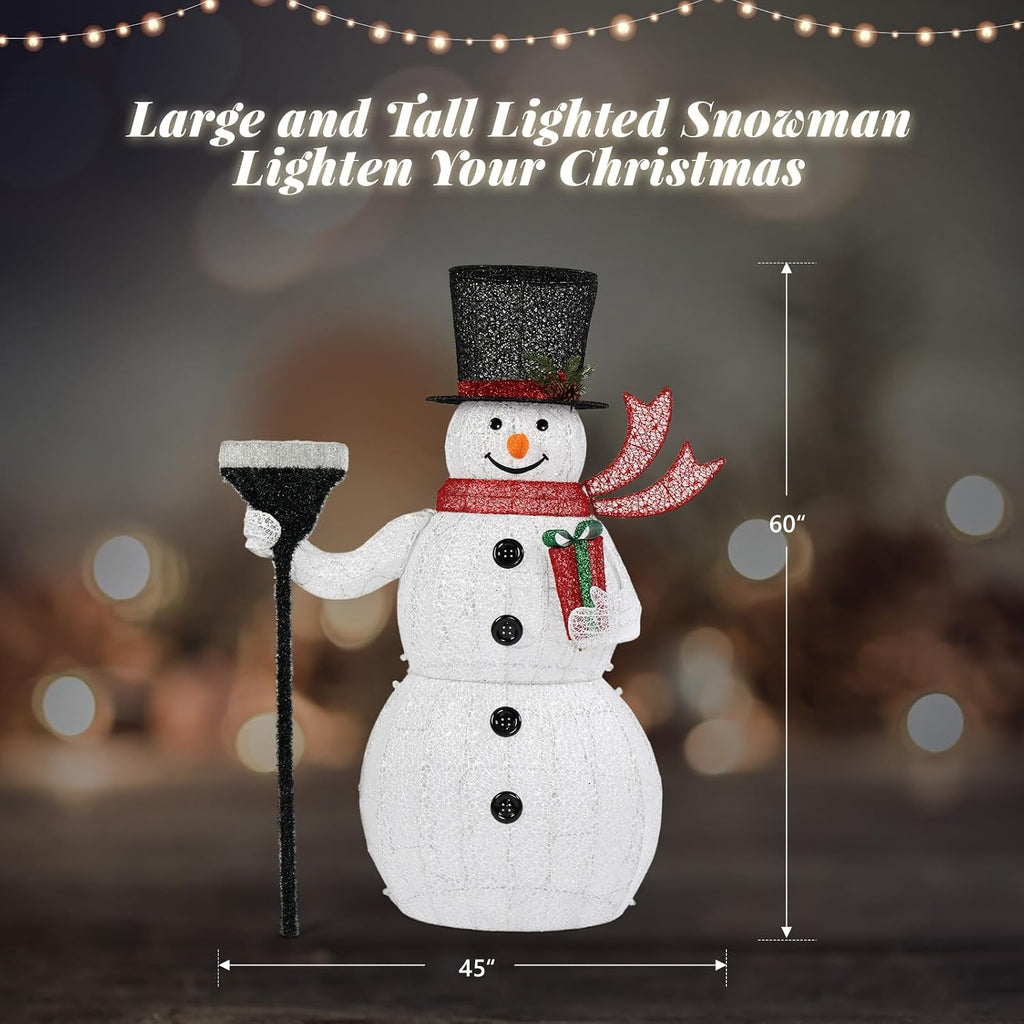 5FT Outdoor Snowman Christmas Decorations, Lighted Outdoor Snowman w/200 LED Lights, Tall Hat, Red Scarf, Ground