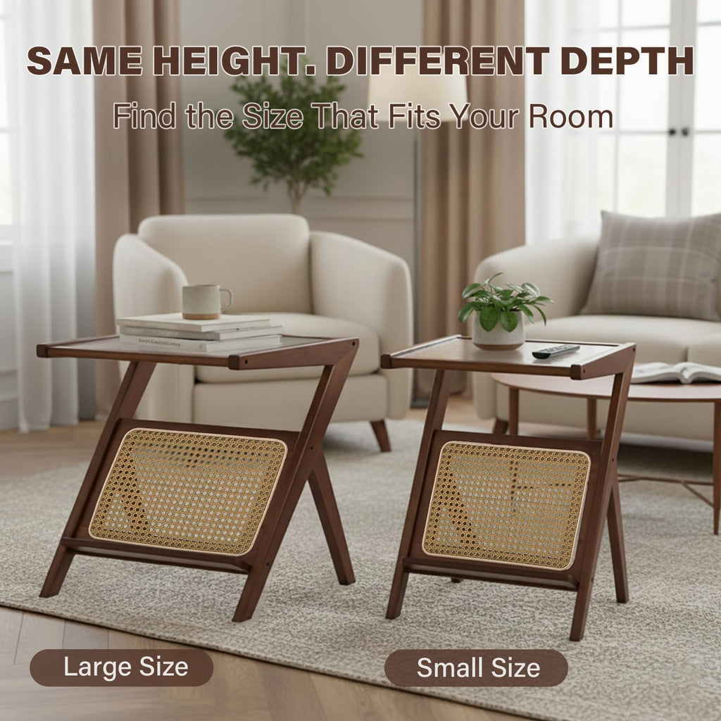 Large Brown Rattan Nightstand, Bamboo Side Table with Glass Top