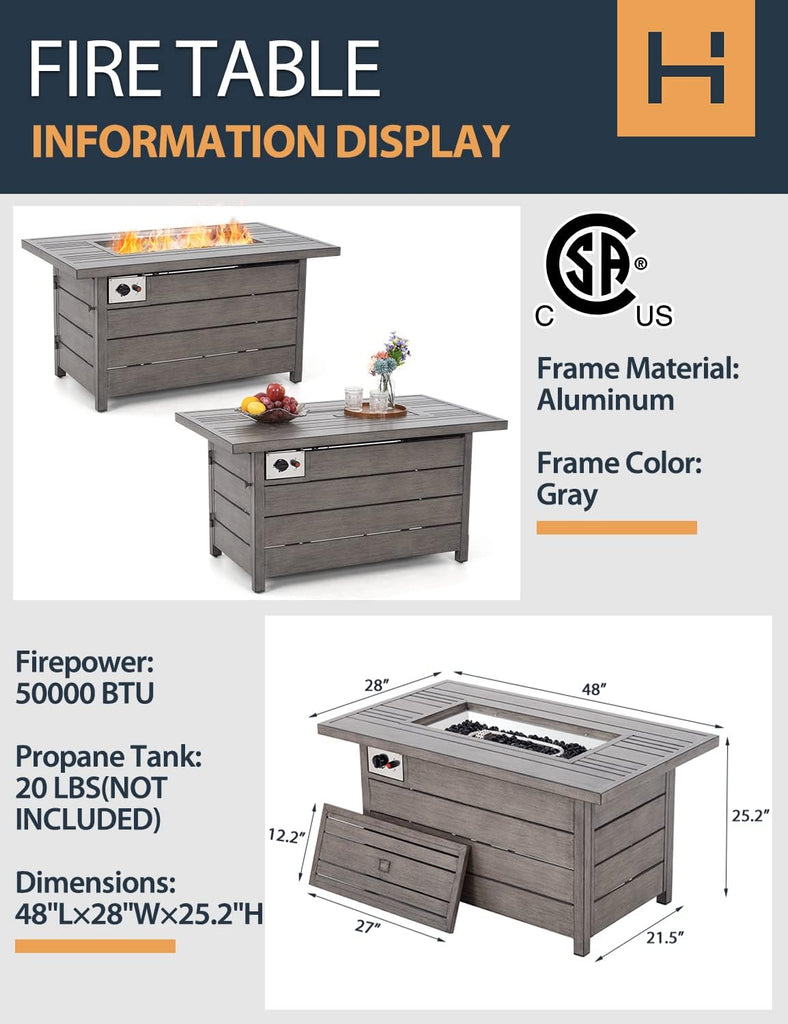 Propane Fire Pit Table, HAPPATIO 48inch 50000 BTU Gas Fire Pit with Aluminum Slats Table Top, Lid, Black Glass Rock