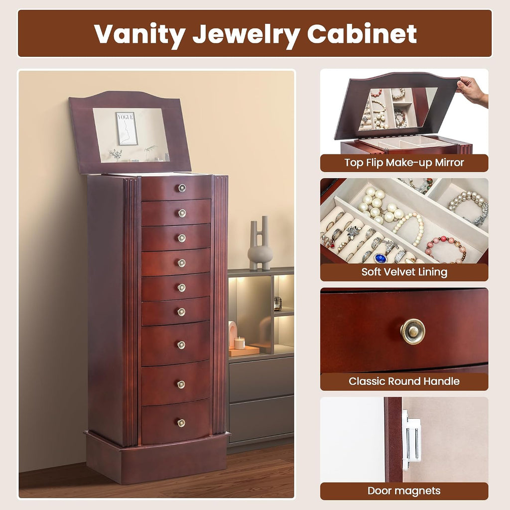 8 Drawers Jewelry Armoire, Standing Jewelry Box with Top Flip Makeup Mirror, Wood Jewelry Cabinet with Side Swing
