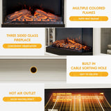 3-Sided Glass Fireplace TV Stand for TVs up to 65 Inches, Entertainment Center with Adjustable LED Flame Colors and Cabinet Storage, Distressed White