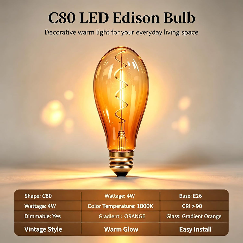 LED Edison Bulb C80,Dimmable E26 4W 1800K Warm,Gradient Orange Glass
