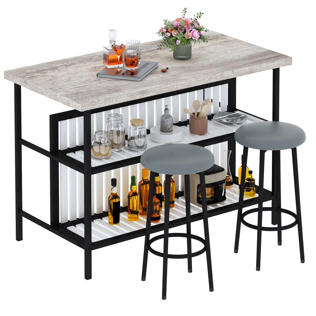 3 Piece Bar Table and Chairs Set, Industrial Bar Table Set with Storage Shelves, Marble Counter Height Island with 2