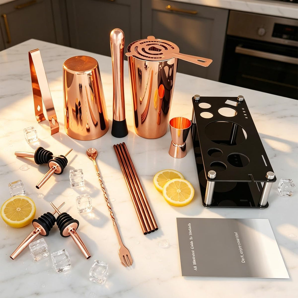 Professional Cocktail Shaker Set with Stand Cocktail Recipes, 15-Piece 750/600ml Bartender Kit, Bar Sets Bartending - Set of 15