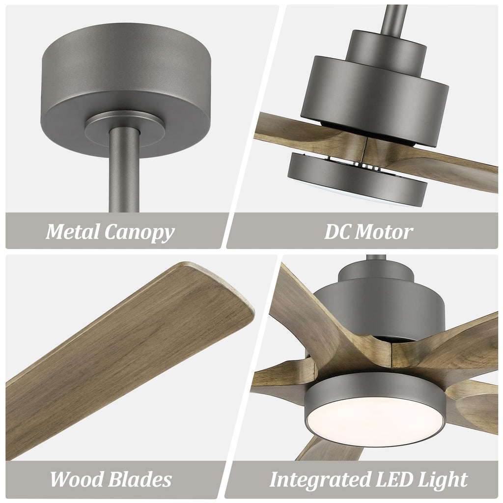 52" Ceiling Fan with Light and Remote, 5 Solid Wood Blades, Quiet Reversible DC Motor, 6-Speed Modern Indoor Ceiling