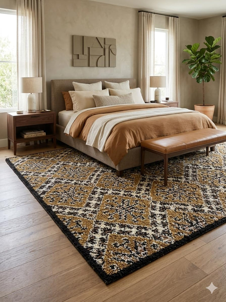 Wool Rug 6' x 9' - Handmade Berber Shag Area Rug, Ochre and Cream Traditional Diamond Pattern, Atlas Artisan Wool