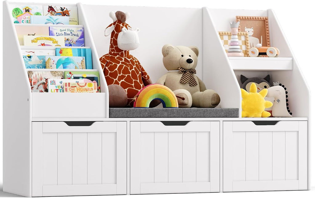 Kids Toy Storage Organizer with Reading Nook, Kids Bookshelf with 3 Movable Drawers, Kids Reading Nook with Bench for