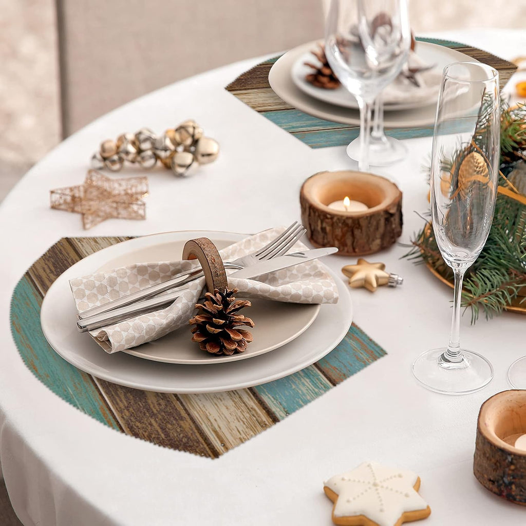Placemats for Round Tables Retro Rustic Wood Texture 4 Wedge Table mats 1 Round Table mats Washable Heat - Set of 5
