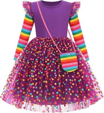 Toddler Girls Dresses Long Sleeve Rainbow Tutu Dress for Party