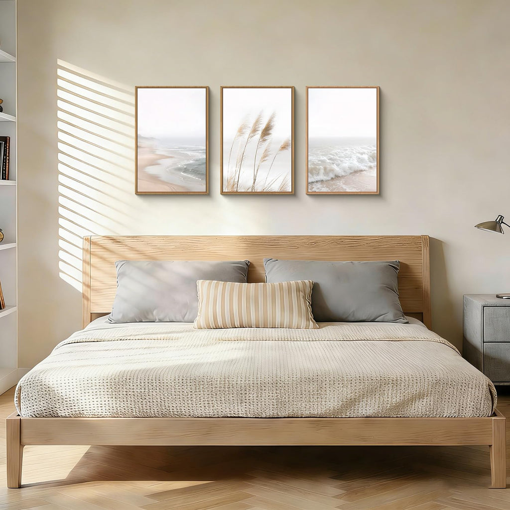 Large Neutral Coastal Reed Framed Canvas Wall Art, Modern Beach Natural Wall Decor, Boho Ocean Waves Picture, Minimalist
