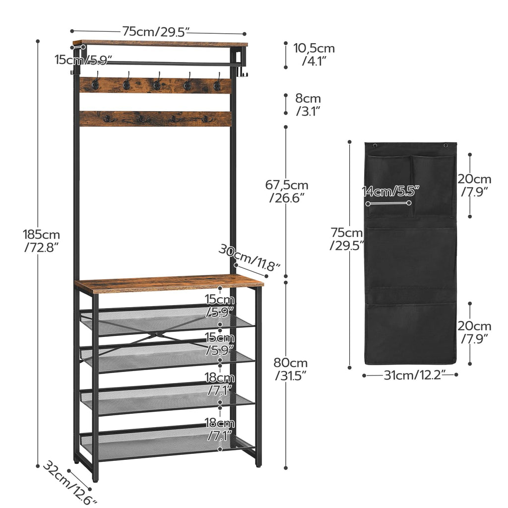 Hall Tree with Bench, Entryway Coat Rack with Shoe Rack, Shoe and Coat Rack, 5 Tier Shoe Storage Organizer with