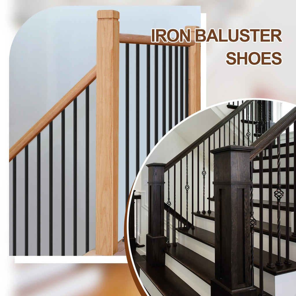 Stair Railing Kit, 16 Iron Balusters with Shoes and 2 Solid Red Oak Newel Posts, Complete Staircase Upgrade Set for