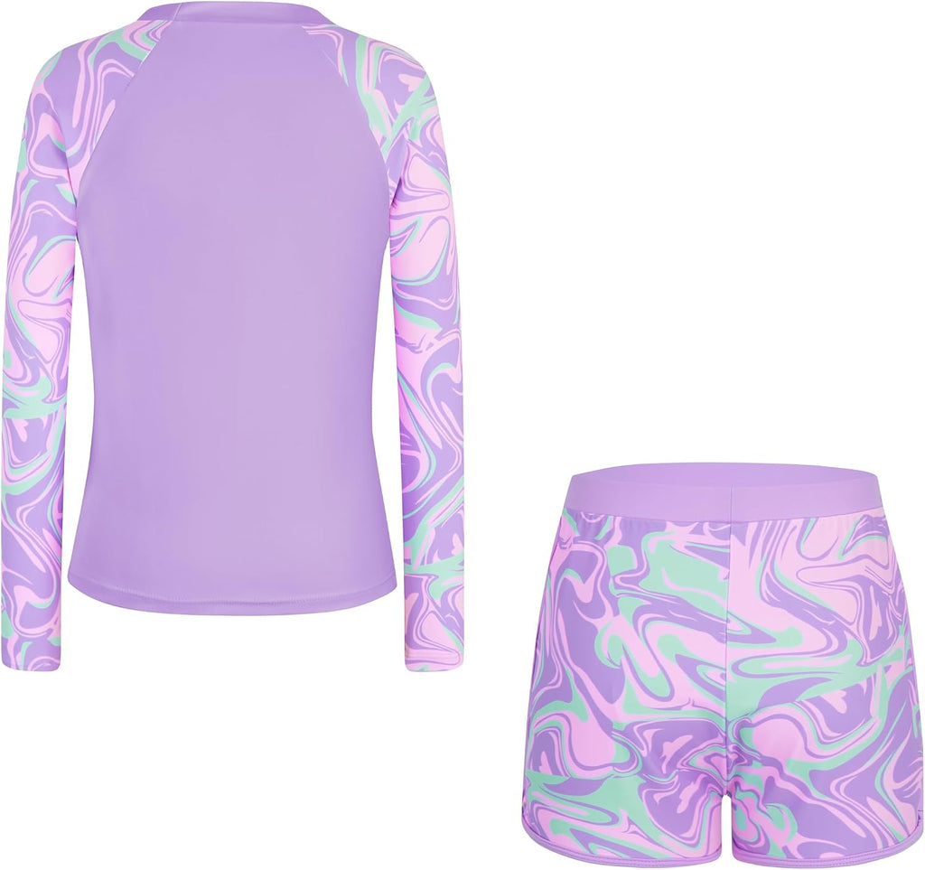 Girls Rash Guard Swimsuit Two Piece Bathing Suit UPF 50+ Sun Protection Long Sleeve Swimwear