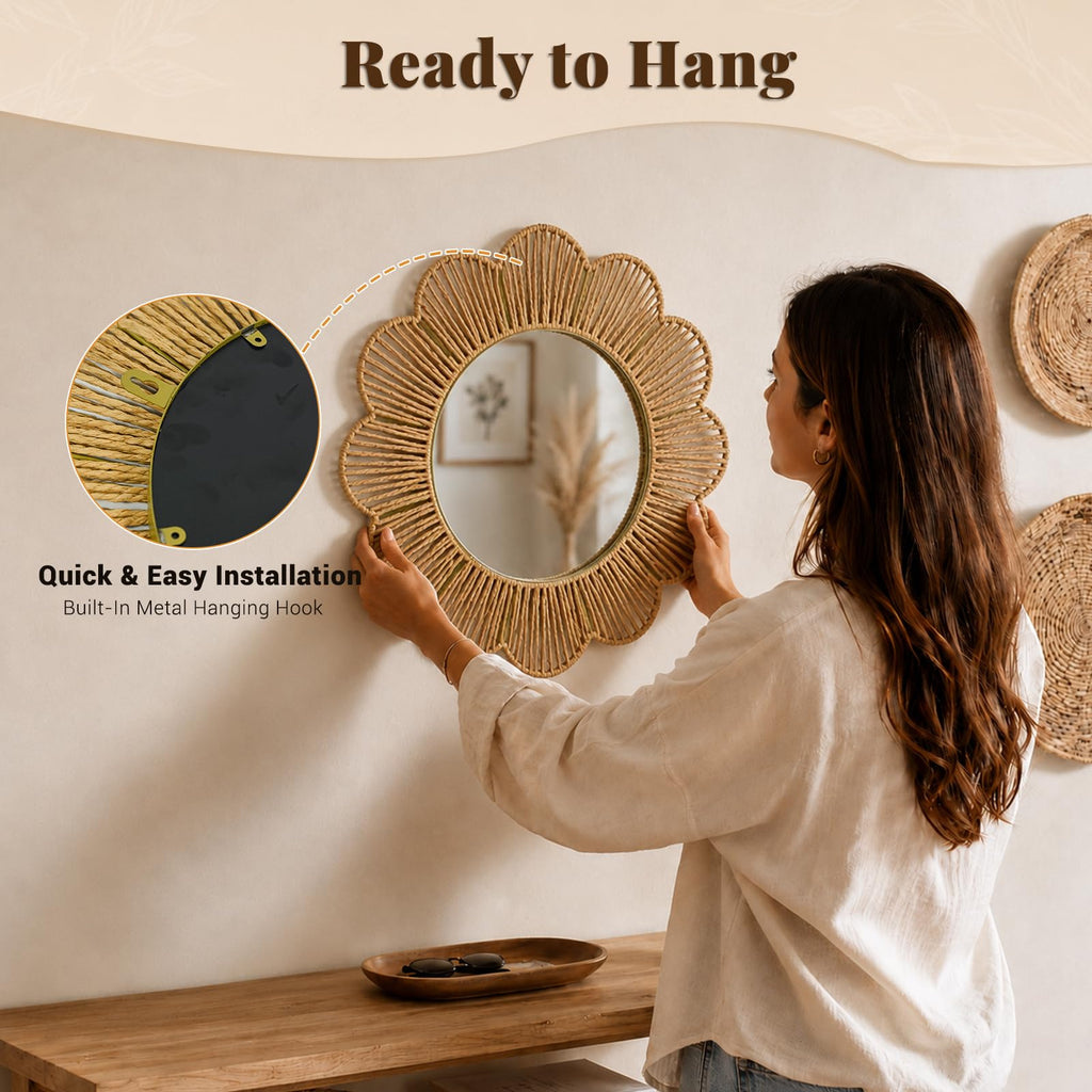 Handwoven Rattan Flower Mirror, Scalloped Boho Wall Decor, 18 Inch
