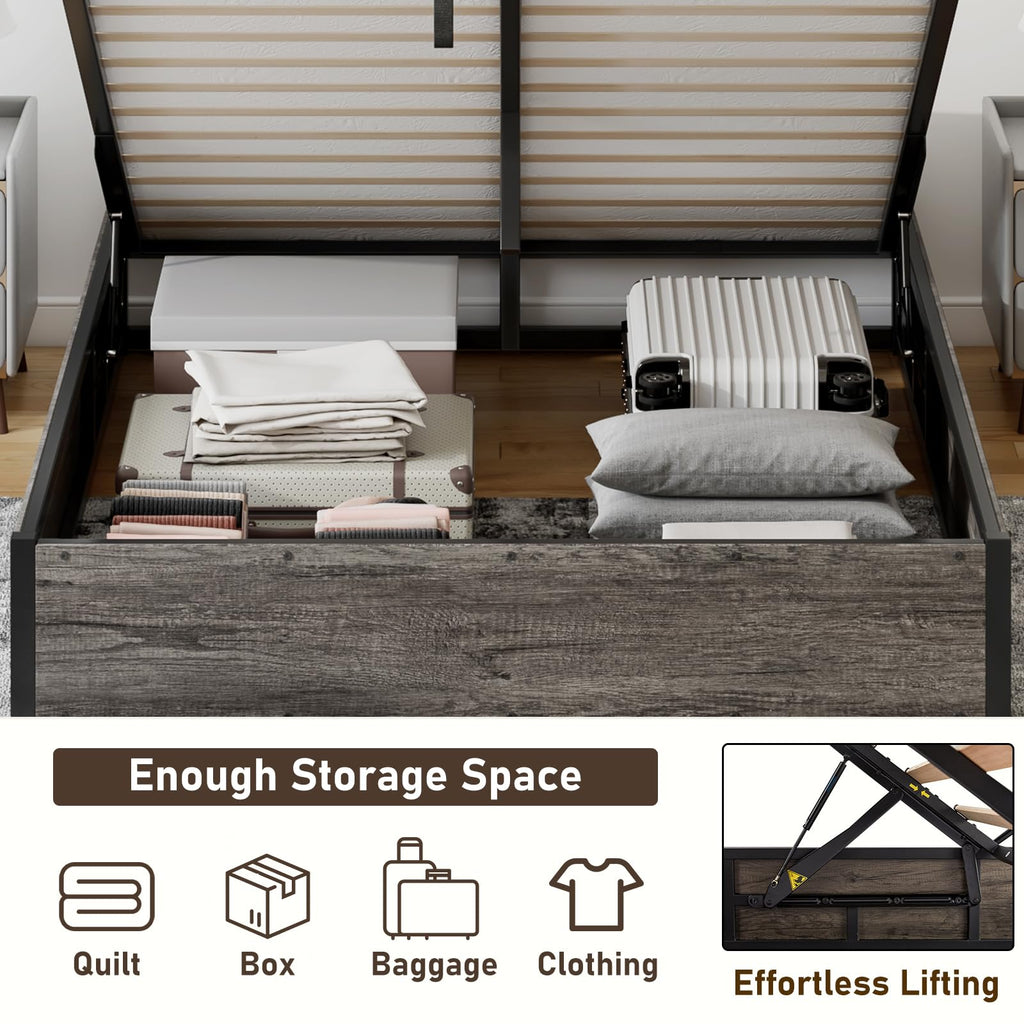 Bed Frame with Lift Up Storage, Rustic Grey